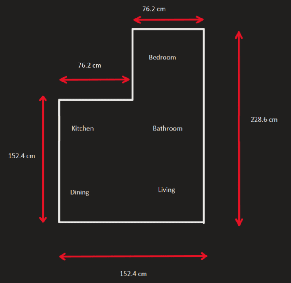 Schematic floor plan of the L-shaped test course, with labelled rooms (bedroom, kitchen, bathroom, dining, living) and dimensions in centimetres.