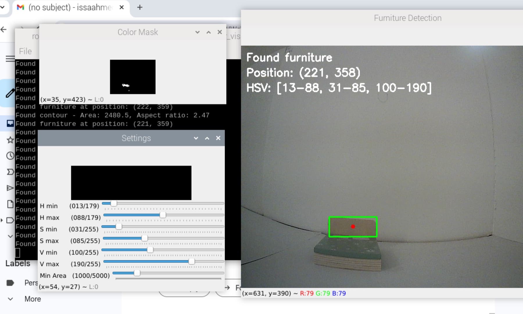 The furniture detector's view: a green bounding box and centre dot on the bedroom's bed prop, a 'Found furniture / Position' overlay, a small binary colour-mask panel, and HSV calibration sliders.
