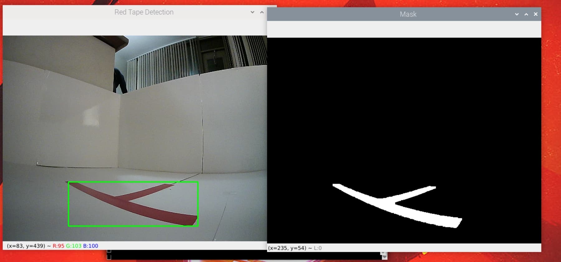 Side-by-side view: the robot's raw camera frame with a green bounding box on the red floor tape (left), and the binary segmentation mask isolating that tape as white on black (right).