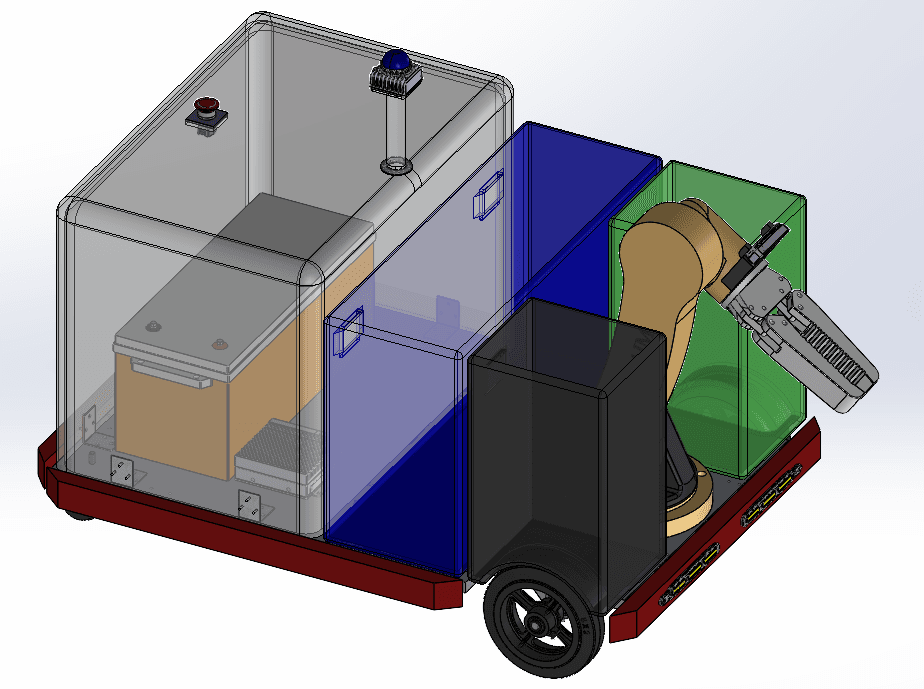 SolidWorks render of the RECLAIM product concept: a differential-drive chassis with three translucent sort bins, an e-stop and status beacon on top, a battery and compute bay, and a 6-DOF arm with a gripper.