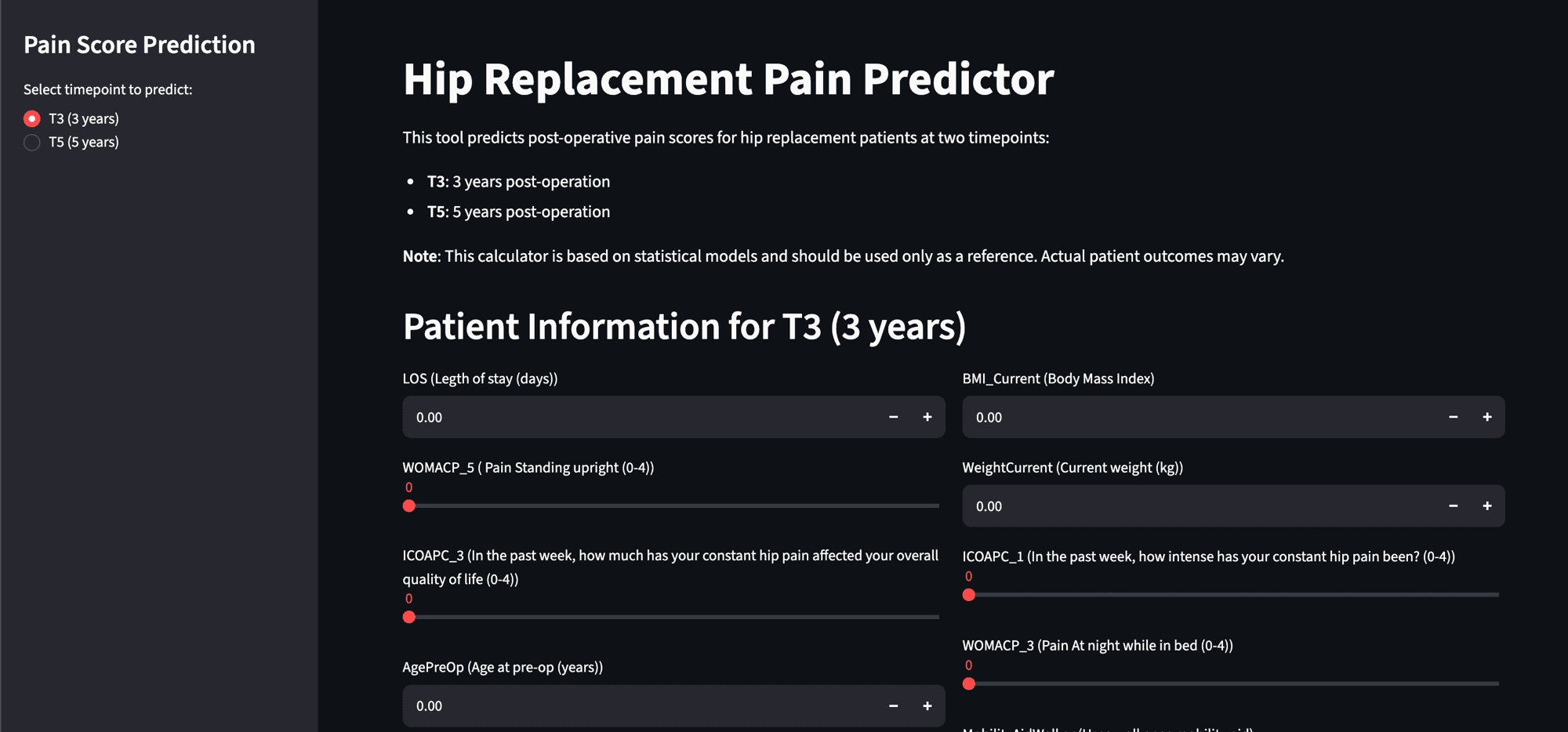 The deployed Streamlit calculator: a Pain Score Prediction sidebar with a T3 (3 years) / T5 (5 years) timepoint selector, and Patient Information inputs (length of stay, BMI, current weight, WOMAC and ICOAP pain items, and pre-op age) that produce a predicted post-operative pain score.